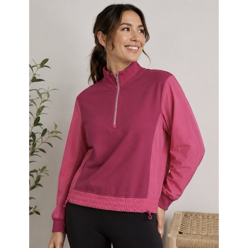 Athleta Triumph Hybrid 1/2 Zip Sweatshirt Pink Colorblock Oversized Pullover (L)